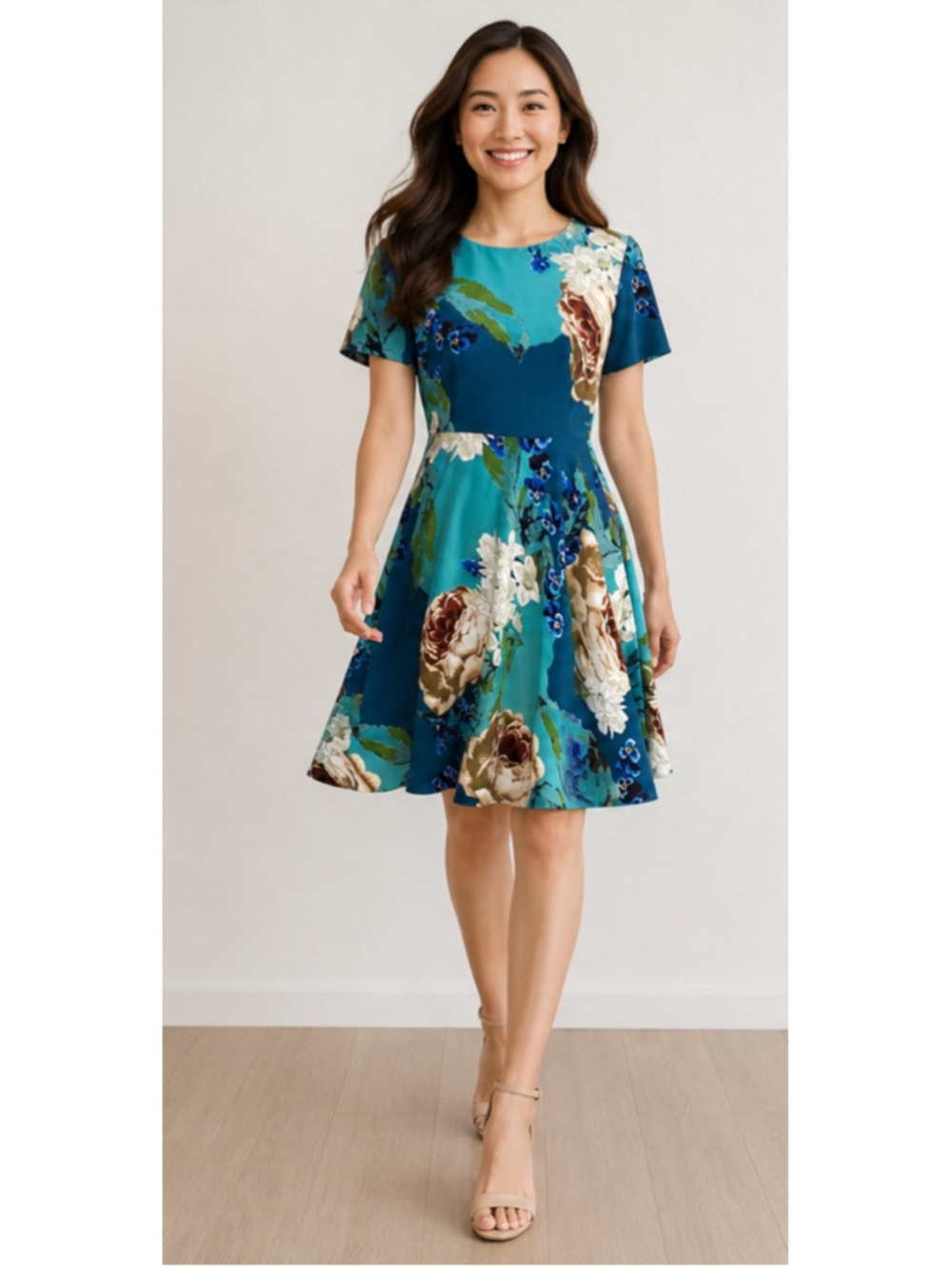 Corey Lynn Calter Teal Blue Paeonia Flowy Short Sleeve Floral Mini Dress Size 10